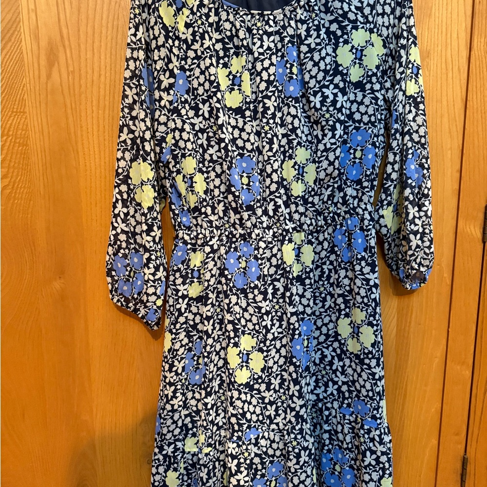 LOFT Blue and Yellow Floral Long Sleeve Dress